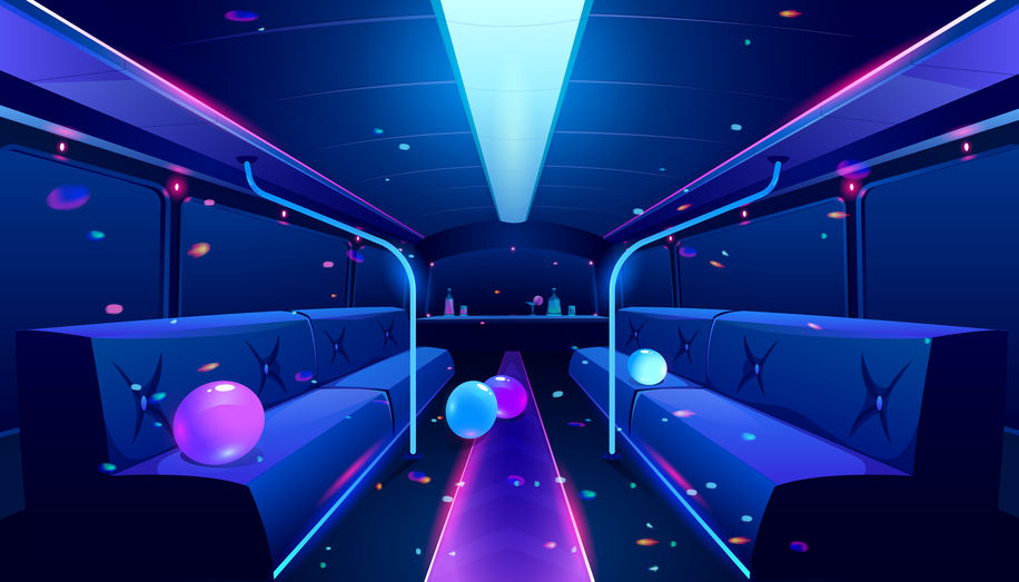 Cartoon illustration of empty party bus interior with neon disco lights, bar, and comfortable seats for a wedding celebration