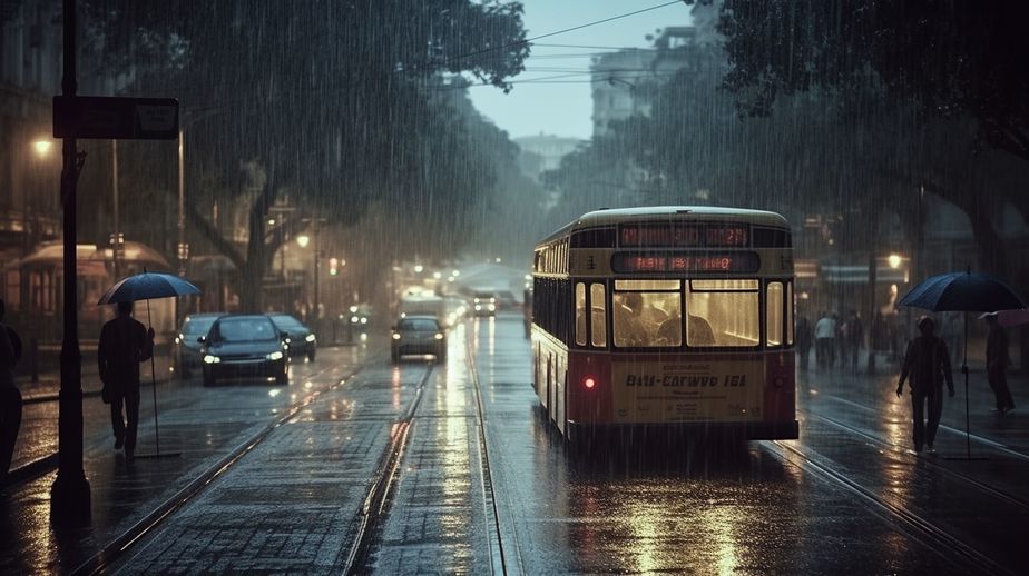 Heavy rain on the streets of the city with bus driving by